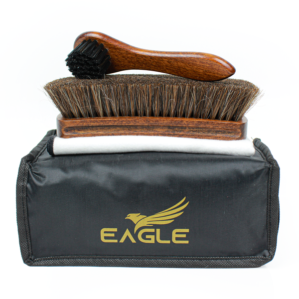 Eagle Shoe Shine Brush Care Kit - Travel Care Kit for Men & Women, 3-Pieces Set, Includes Premium 6.7” Brush, 5” Applicator Dauber & 12”x12” cotton cloth