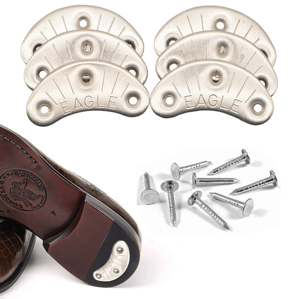 Eagle Metal Heel Taps Plates - 3 Pairs (6 Plates) with Threaded Nails for Boot & Shoe Protection