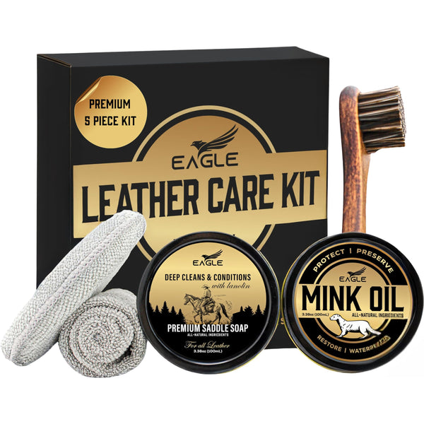 Eagle Mink Oil & Saddle Soap Leather Boot Care Kit- Leather Shoe & Boot Cleaning Kit with 2 Applicator & Cloth, 5 Pieces Leather Care Kit | Soften, Protect & Restore for Shoes, Boots, Purses & more.